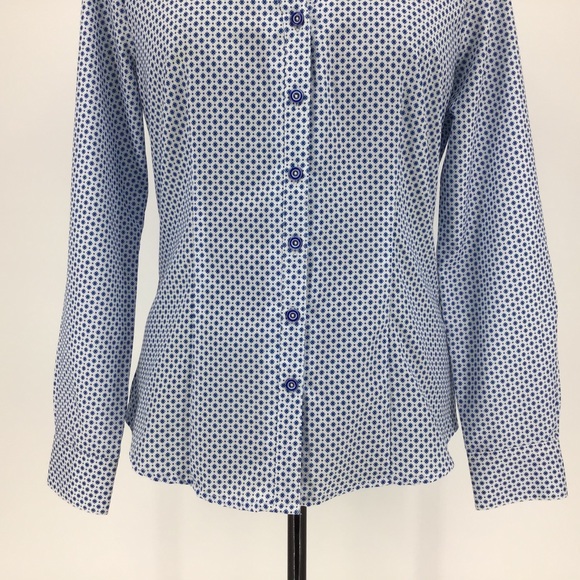 Haggar V-Neck Blue & White Button-Up Blouse, Small - Picture 3 of 14